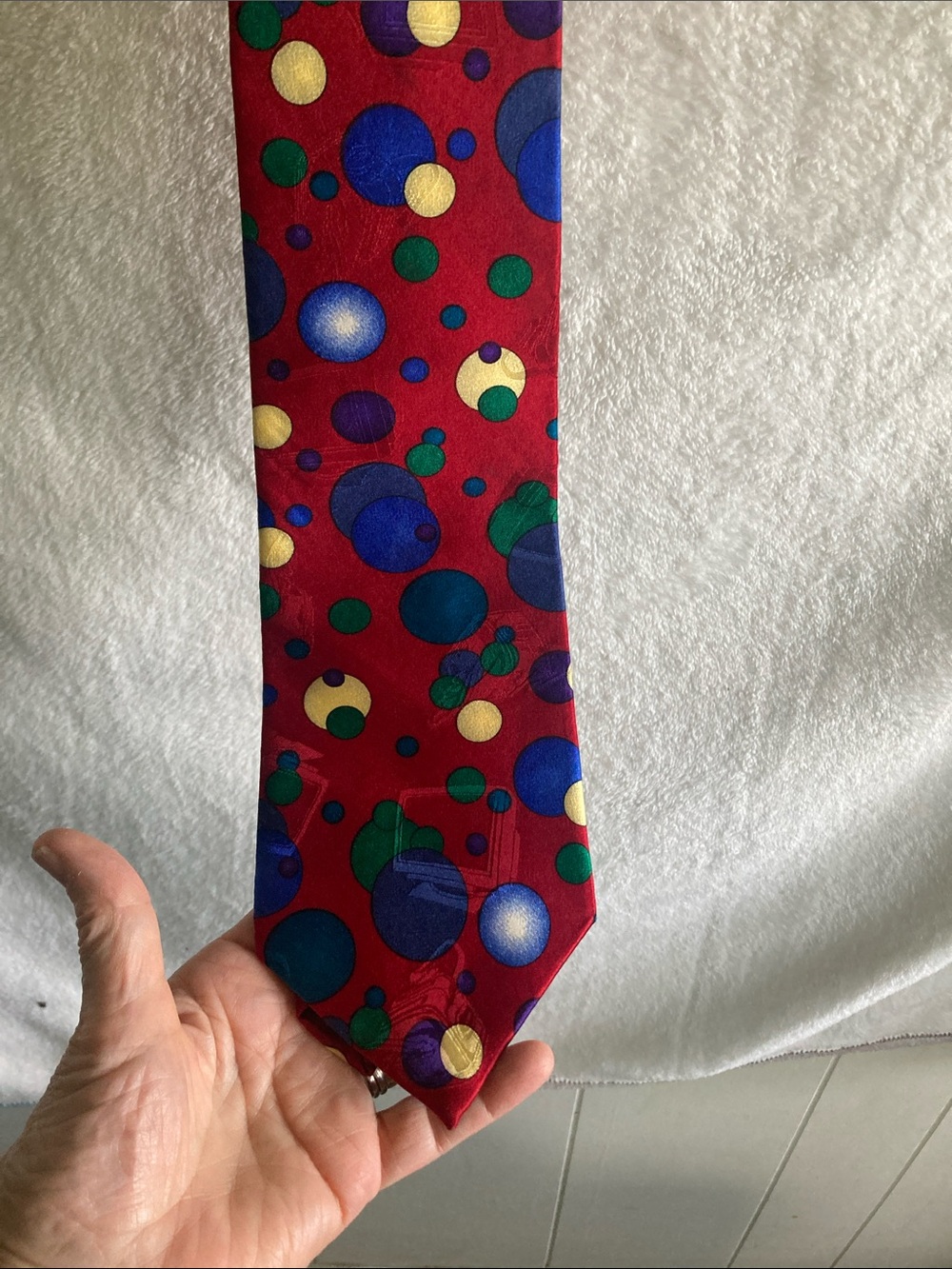 Red Polka Dot Silk Tie with Multicolor Circles
